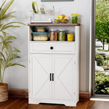 Viroformo White Floor Cabinet, Farmhouse Storage Cabinet with Barn Doors and Drawer, Freestanding Adjustable Shelf Cabinets for Bathroom, Kitchen, Living Room Viroformo