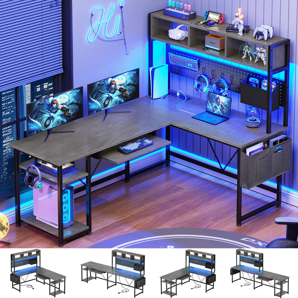 SEDETA L Shaped Gaming Desk with Hutch, 57.5” Reversible Home Office Desk with Power Outlet and Pegboard, Gaming Computer Desk with Keyboard Tray and LED Lights and Storage, Grey SEDETA