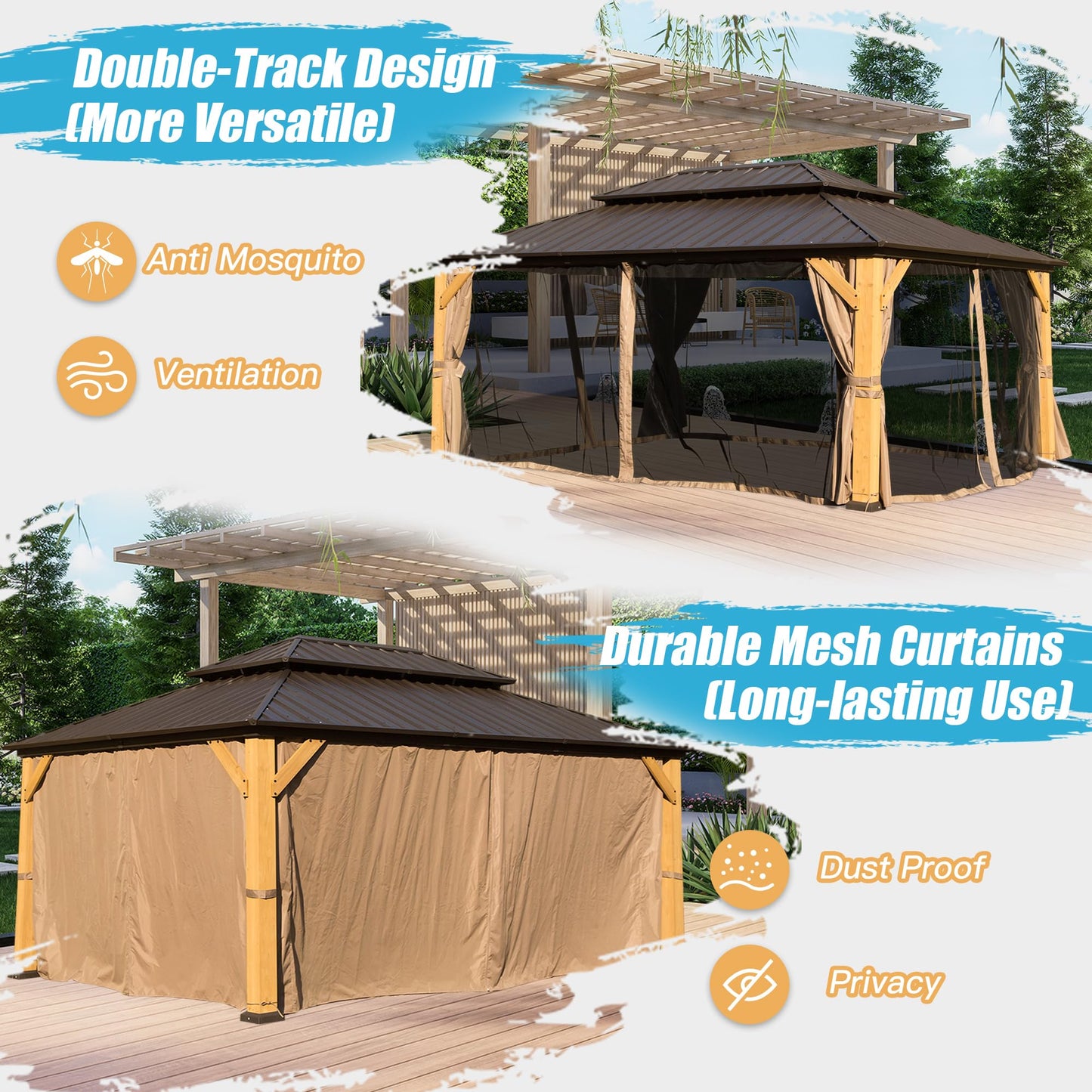 Domi 12x16FT Cedar Wood Gazebo, Solid Wood Hardtop Gazebo with Galvanized Steel Double Roof, Netting & Curtains, Outdoor Gazebo for Patio, Backyard, Deck, Lawns - WoodArtSupply