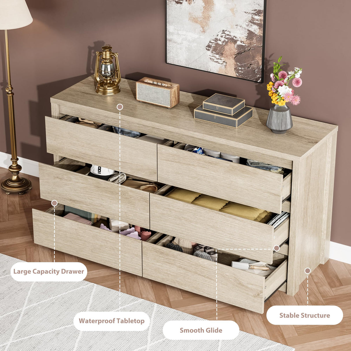 GarveeHome 6 Drawer Dresser for Bedroom, Wide Wood Chest of Drawers Handle Free, Large Modern Dresser Storage Cabinet for Living Room, Hallway Entryway GarveeHome