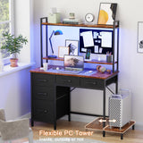 Computer Desk with Hutch, Gaming Desk with Power Outlets & LED Ligthts & 5 Fabric Drawers, Home Office Desk with 2 Tiers Storage Shelves for Display, 39" PC Gamer Table for Bedroom, Rustic Brown Korfile