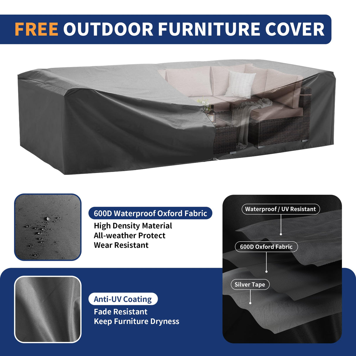 VONZOY Patio Furniture Set, 7-Piece Outdoor Sectional with Waterproof Cover, All-Weather Wicker Patio Conversation Sets for Backyard (Brown with Beige Cushion) VONZOY