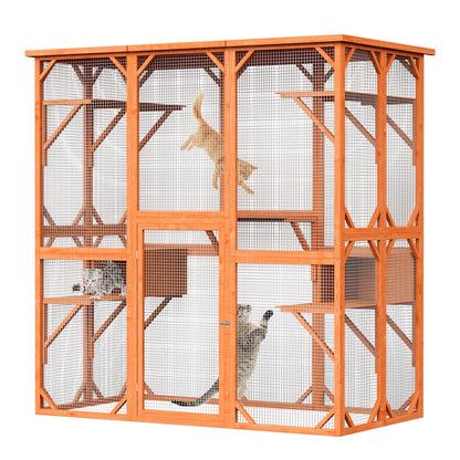 71 Inch Large Outdoor Cat House, Weatherproof Wooden Cats Catio Cat Cage Enclosure with 7 Platform and 2 Small House (Wood)