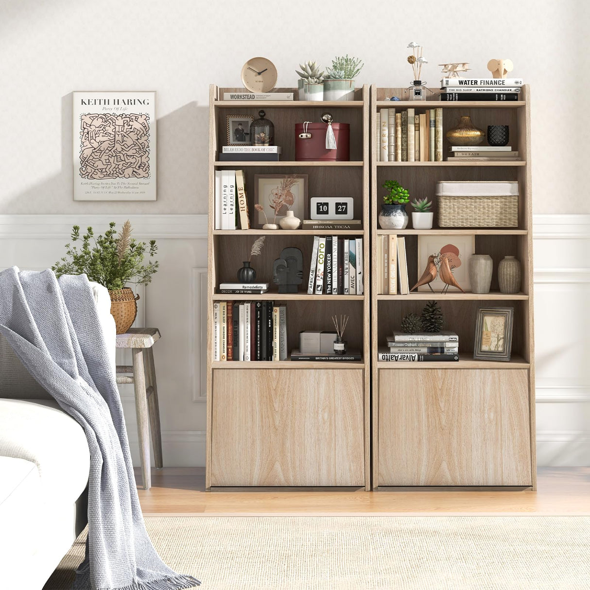 Tangkula Natural 6-Tier Bookcase with Adjustable Shelves and Flip-Up Door Tangkula