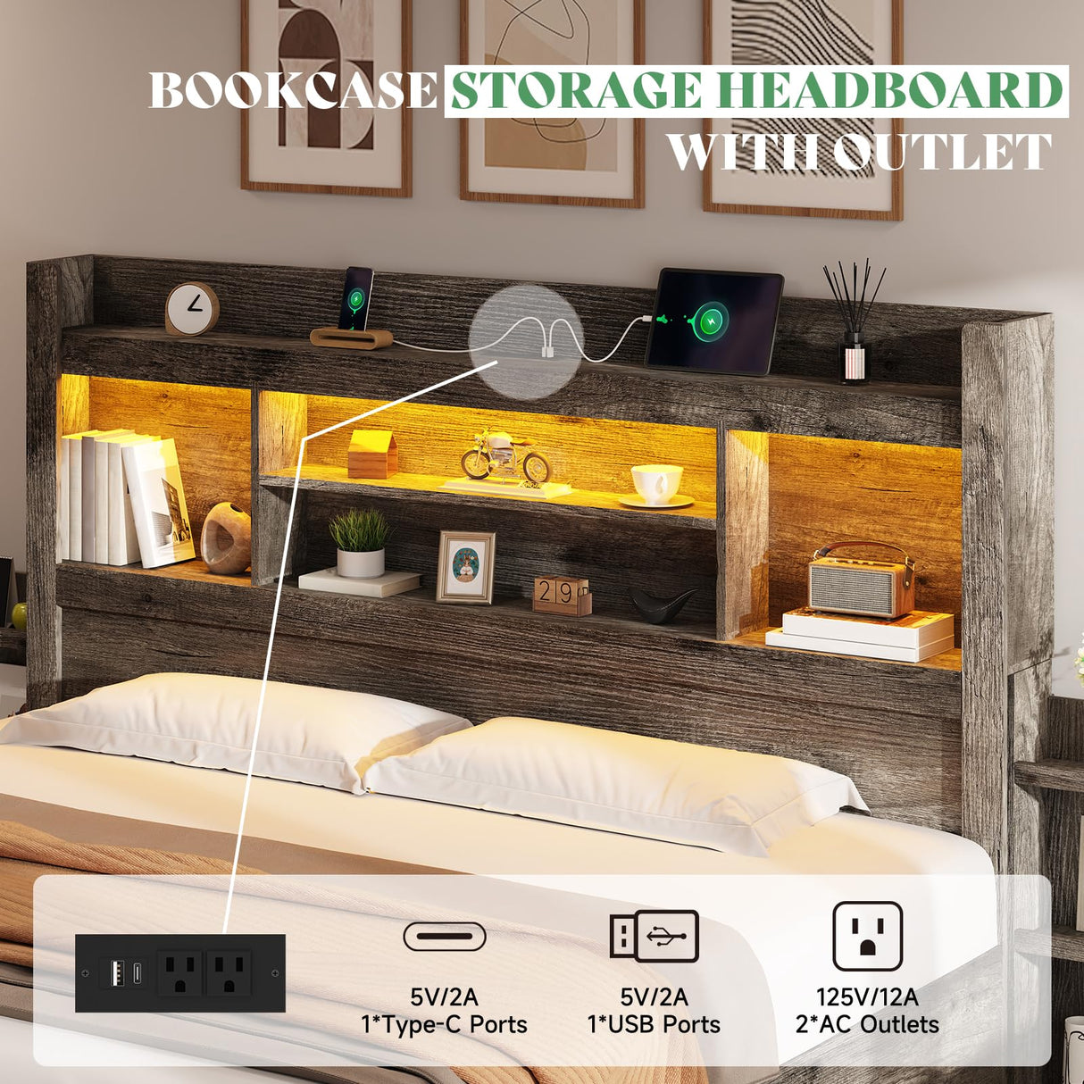 AMERLIFE King Size Bed Frame with 4 Storage Drawers, LED Bed Frame with 49“ Tall Bookcase Headboard, Wood Platform Bed with Charging Station & 2 Slide Bedside Shelf, No Box Spring Needed/Rustic Grey AMERLIFE