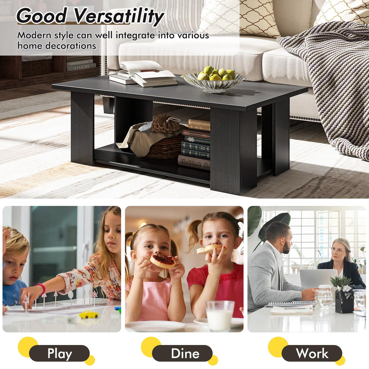 Tangkula 2-Tier Coffee Table, Modern Rectangular Center Cocktail Table with 5 Support Legs, Wooden Accent Living Room Furniture, Small Coffee Table for Small Spaces, Easy Assembly (Black) Tangkula