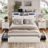 Hasuit Queen Size Farmhouse Bed Frame with Bookcase Headboard, LED Lights, Charging Station, and 2 Drawers in White Hasuit