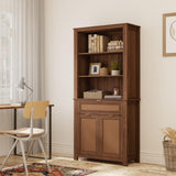 EROMMY 5 Tier Rattan Bookshelf with Drawer, 71" Tall Boho Bookcase, Large Wooden Farmhouse Bookshelf with Doors Storage Cabinet and Display Shelves for Living Room, Bedroom, Home Office, Walnut EROMMY