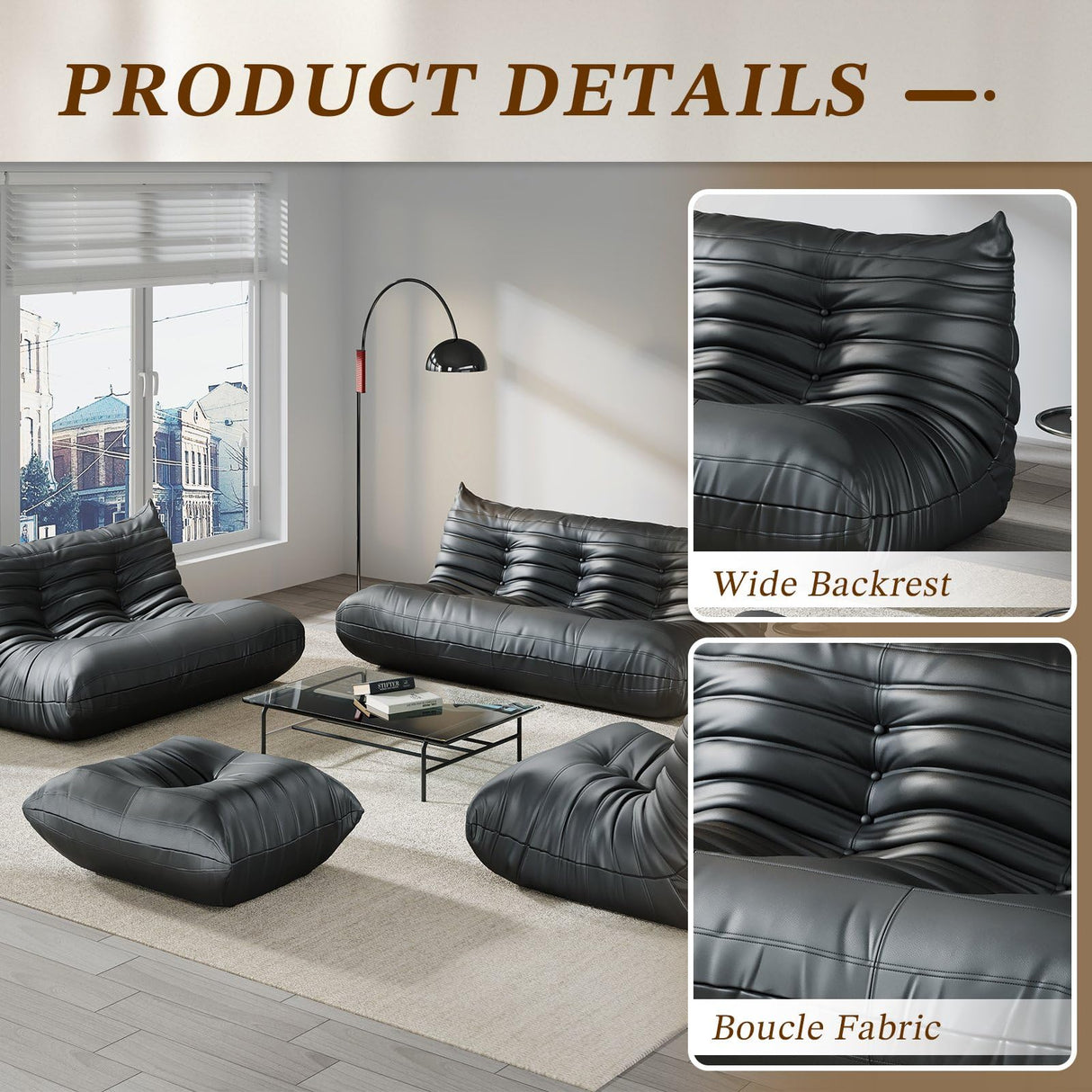 Comfy Lazy Floor Sofa Couch,Bean Bag Chairs,Soft Armless Fireside Chair,Faux Leather Lounge Chair,Corner Relax Couch for Living Room Bedroom,Salon Office,Adults（Black+3 Seat Generic