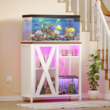 YITAHOME Fish Tank Stand with Power Outlets & LED Light, 20-29 Gallon Metal Aquarium Stand with Cabinet for Fish Tank Accessories Storage for Turtle, Reptile Terrarium, 350LBS Capacity, White YITAHOME