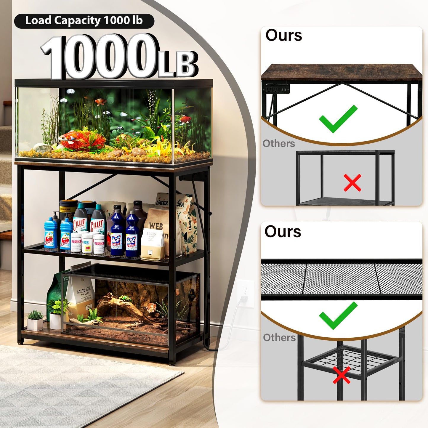 TC-HOMENY Fish Tank Stand 10-30 Gallon, Aquarium Stand with Charging Station,1000LB Capacity ,31" L x 16" W Metal Reptile Tank Stand, Double Storage Design Adjustable Boards, Brown(Tank not I - WoodArtSupply