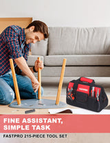 FASTPRO 215-Piece Home Repairing Tool Set with 12-Inch Wide Mouth Open Storage Bag,Household Hand Tool Kit,Red FASTPRO