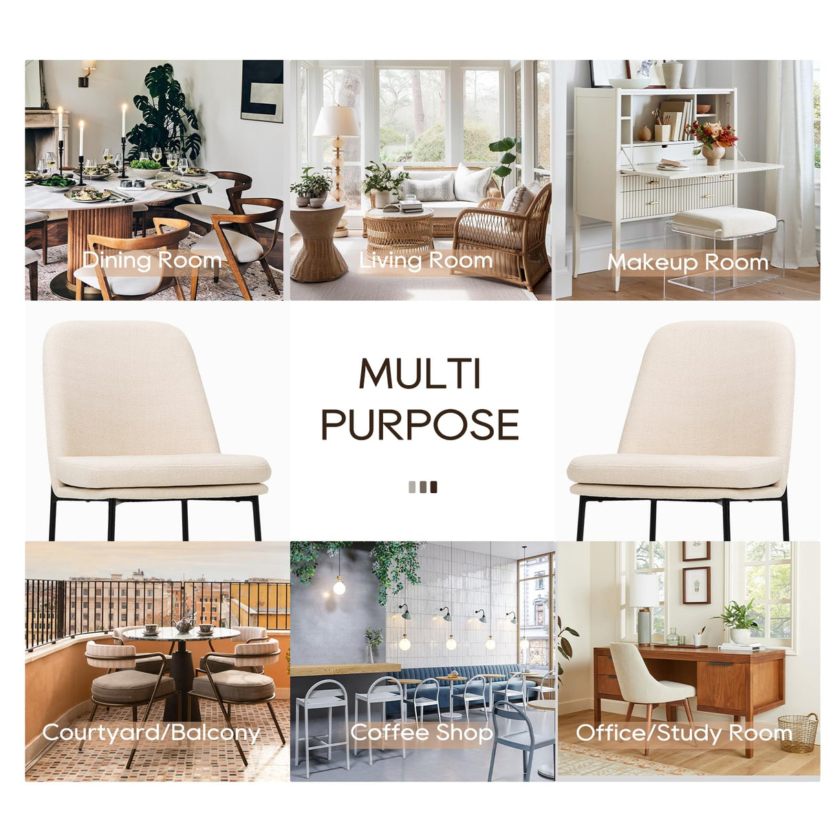 COLAMY Modern Dining Chairs Set of 2, Fabric Upholstered Dining Room Chairs Dinner Chair Stylish Kitchen Chairs with Curved Back and Metal Legs, Beige COLAMY