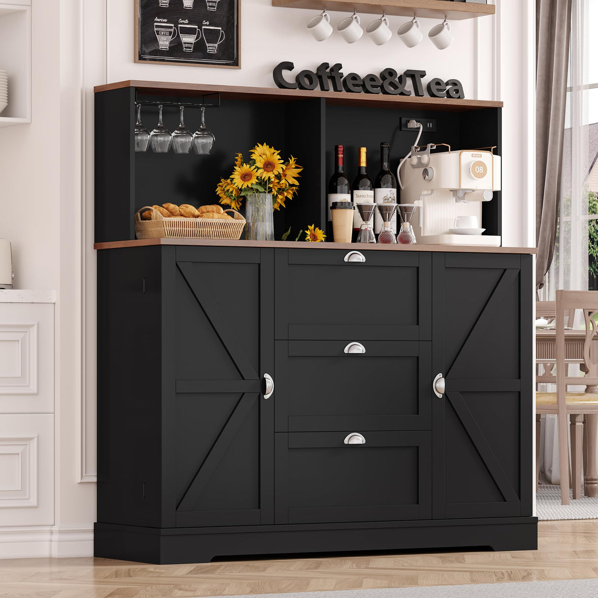 HIFIT Kitchen Pantry Buffet Cabinet with Storage and Charging Station, Farmhouse Kitchen Storage Cabinet Coffee Bar with Wine Rack|Barn Door|Microwave Stand|Door Shelves for Living Room, Black HIFIT