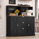 HIFIT Kitchen Pantry Buffet Cabinet with Storage and Charging Station, Farmhouse Kitchen Storage Cabinet Coffee Bar with Wine Rack|Barn Door|Microwave Stand|Door Shelves for Living Room, Black HIFIT