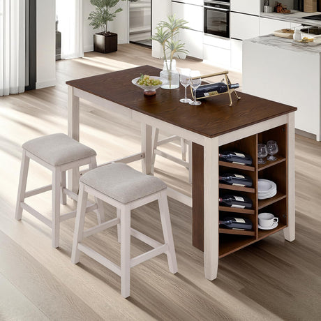 AMERLIFE 60" Solid Wood Counter Height Dining and Kitchen Table Set for 4 Upholstered Stools, 7-Layer Storage Farmhouse Dinner Table with Chairs Built-in Wine Rack & Cabinet, 5-Piece Rectangle AMERLIFE