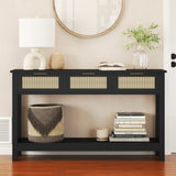 Luoxiao Rattan Console Table, Boho Entryway Table, Narrow Long Sofa Table, Hallway Foyer Table, Behind Couch Table with 3 Drawers and Open Storage Shelf for Living Room and Corridor, Black Luoxiao