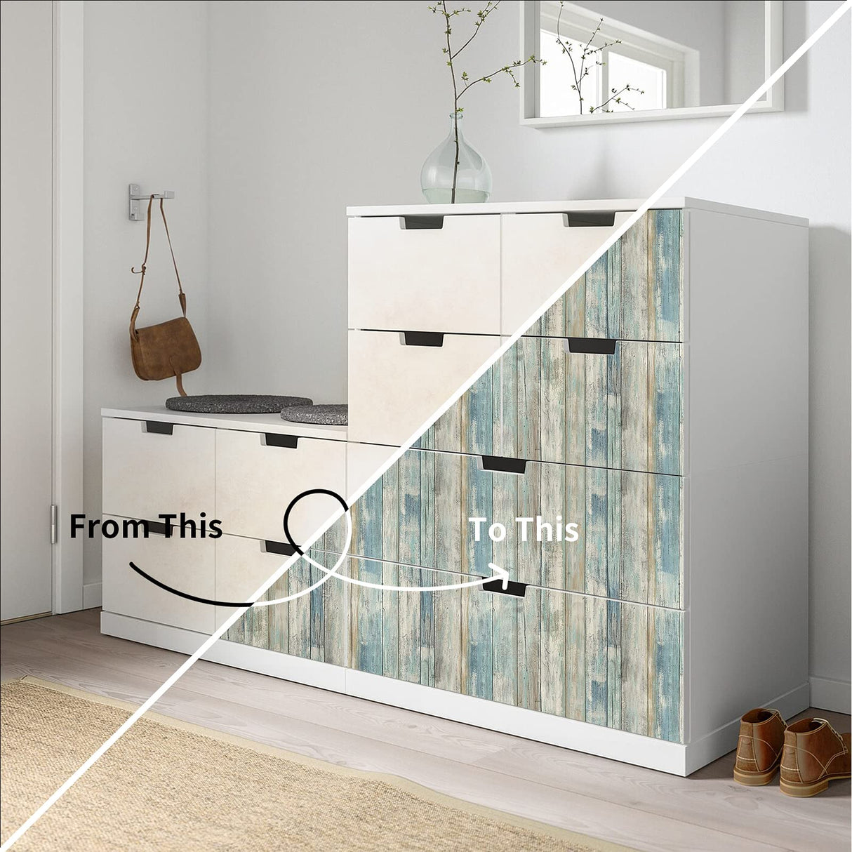 practicalWs 17.71''×396.8''Blue Distressed Wood Wallpaper Self-Adhesive Peel and Stick Wall Paper Vintage Wood Panel Interior Film Surfaces Easy to Clean practicalWs