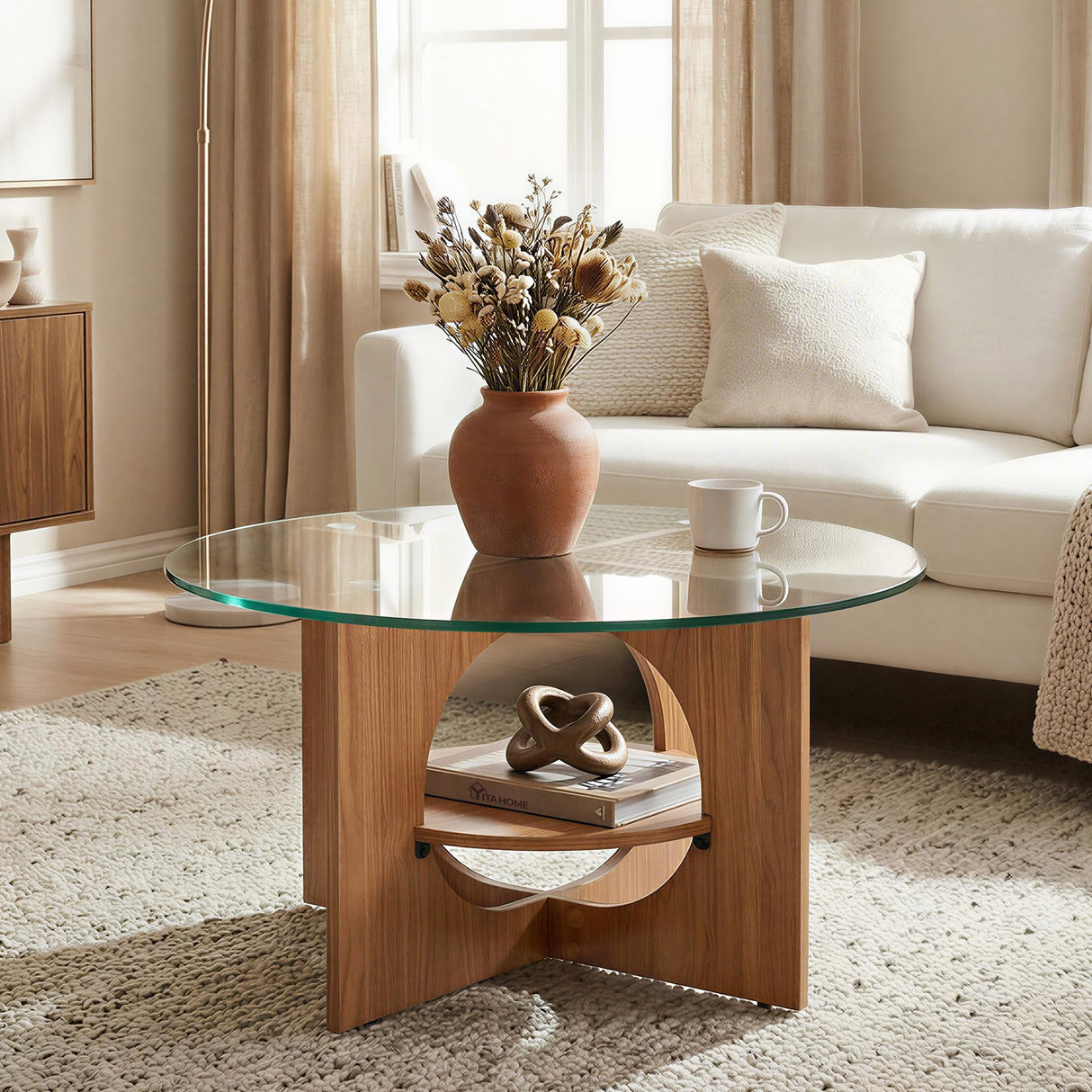 YITAHOME Round Coffee Table, 2-Tier Glass Coffee Tables with Storage, Multi-Purpose Modern Center Table or Cocktail Table for Living Room, Office, Lounge, Walnut YITAHOME