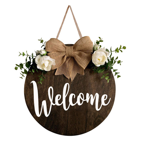 MayAvenue Welcome Wreaths Decor Sign Front Door, Round Wood Hanging Sign with Ribbon Bow and Artificial Green Leaves, Farmhouse Porch Decorations for Home Thanksgiving, Brown DOFAFALA