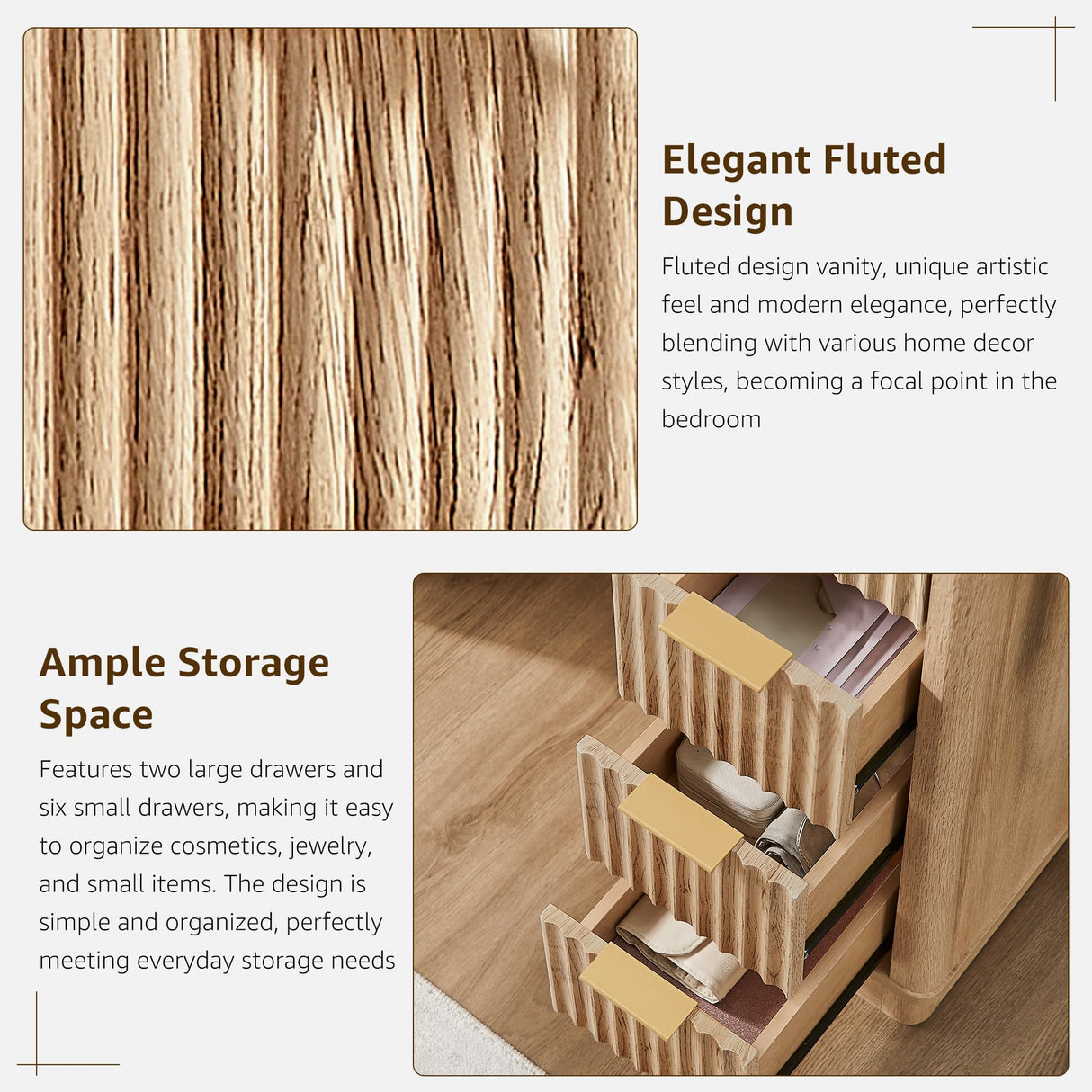 T4TREAM 48" Fluted Makeup Vanity Desk with Large Led Lighted Mirror, Modern Vanity Table with 8 Drawers & Charging Station, Glass Top Dressing Table for Bedroom, Natural Oak T4TREAM