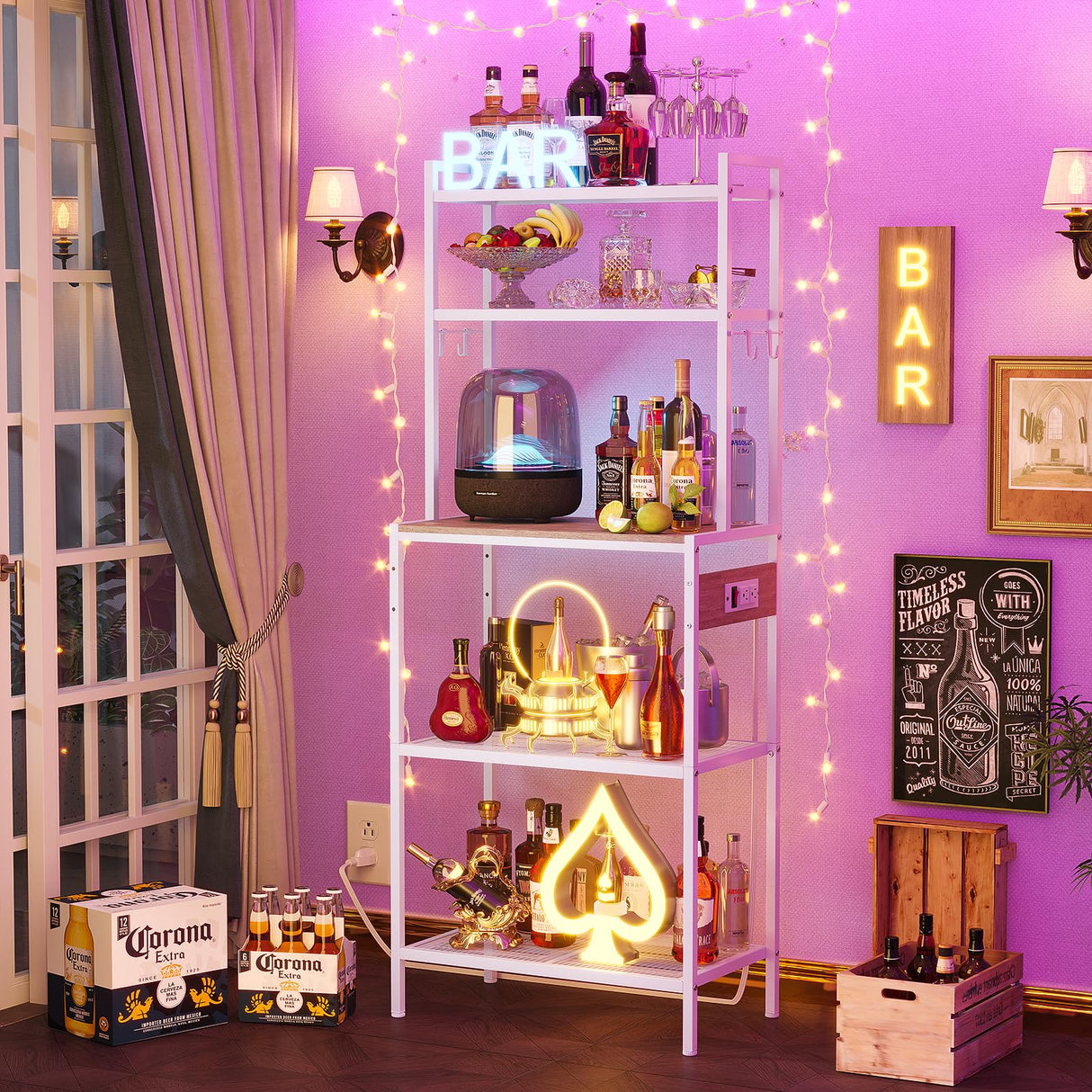 Roxibelt S1 Kitchen Bakers Rack with Power Outlet，Microwave Stand with Storage 5-Tiers，Freestanding Coffee Bar Table with 4 Adjustable Hooks，Kitchen Storage Shelf 13" D x 22.9" W x 58.3" H，Beige White Roxibelt