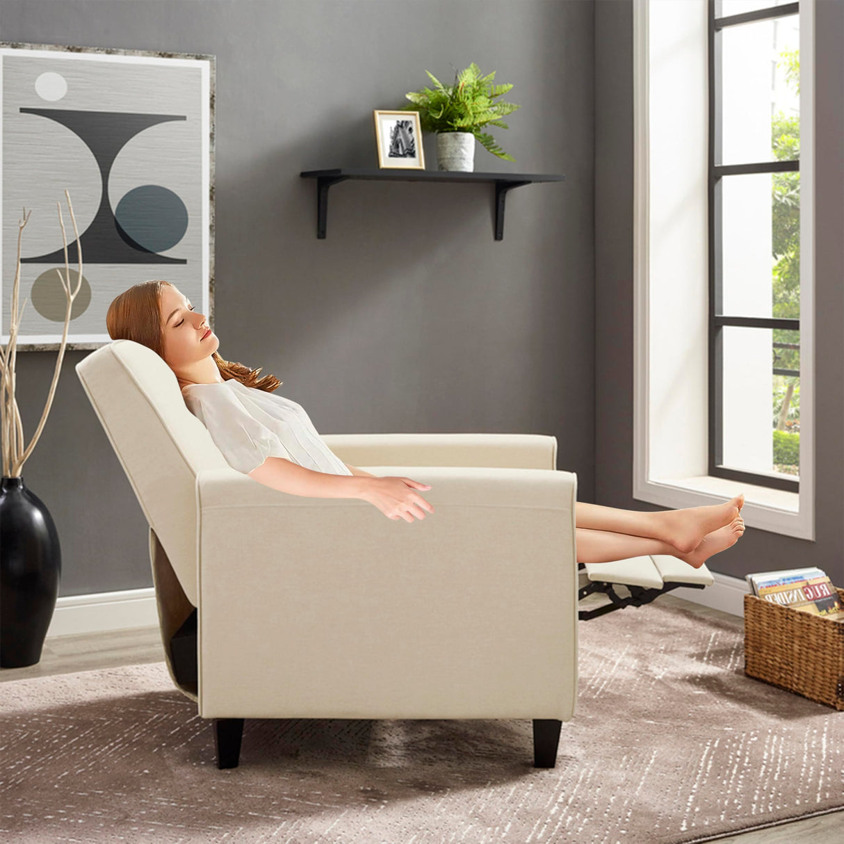 Home Theater Seating Push Back Recliner Chairs, Reclining Chair, Small Recliners for Small Spaces with Adjustable Footrest, Relaxing Sofa Recliners – Linen, Cream Naomi Home