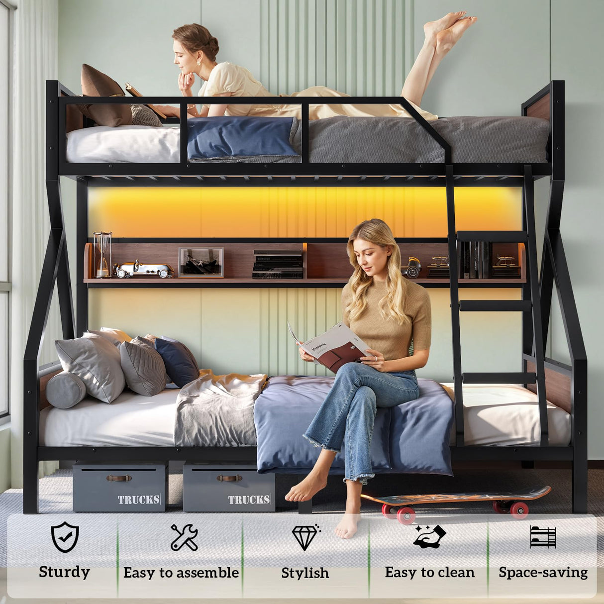 HKOLIE Twin XL Over Queen Bunk Bed with Storage Shelves & LED Lights, Heavy Duty Metal Bunk Bed Frame with Stairs, Noise-Free Design, Space-Saving Bed with Guardrails for Kids, Teens & Adults, Black HKOLIE