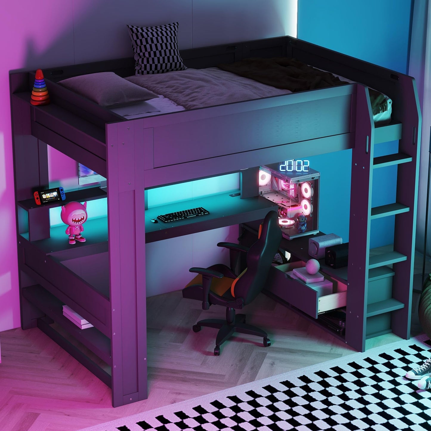 Wooden Full Size Dark Gray Gaming Loft Bed with Integrated Desk, Shelves, and LED Charging Station - WoodArtSupply