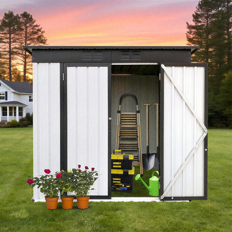 6 x 4 FT Outdoor Storage Shed, Metal Garden Tool Shed with Slooping Roof, Lockable Doors and Aluminum Frames, Easy to Assemble for Garden, Patio, Lawn, White LINKHOO