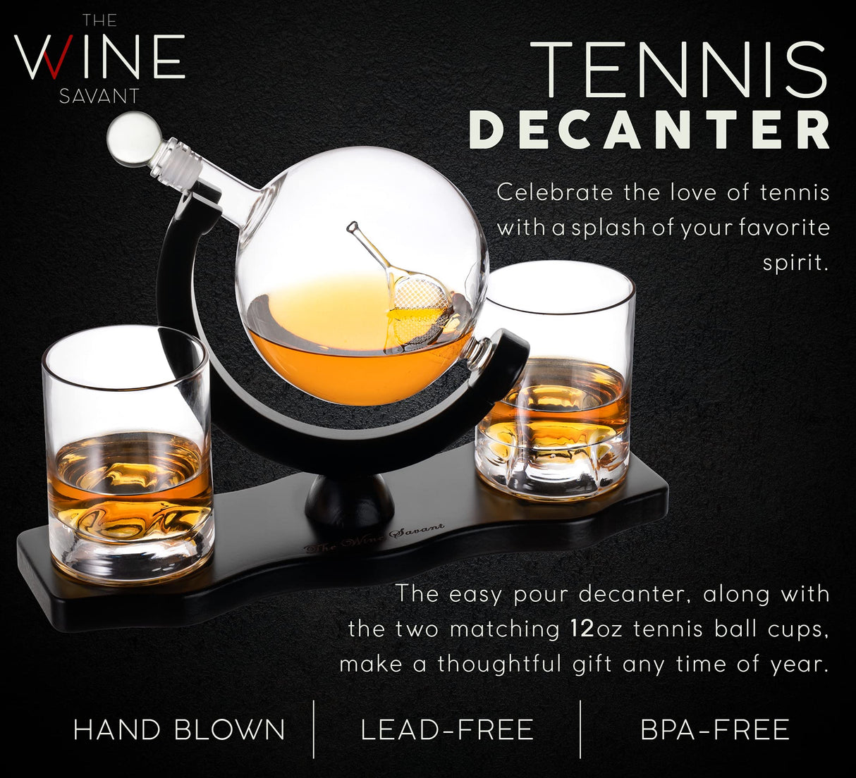 Globe Whiskey Decanter Set with 2 Liquor Glasses - Tennis Whisky Decanter & Glass Set with Elegant Mahogany Wood Base - Tennis Gifts for Dad, Men - Bourbon & Scotch Decanter - Tennis Lovers Gifts The Wine Savant