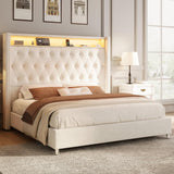 Jocisland King Size Bed Frame 53.6'' Tall Storage Headboard with LED Lights & Charging Station, Velvet Upholstered Button Tufted Wingback Platform Beds, No Box Spring Needed, USB Ports, Cream Jocisland