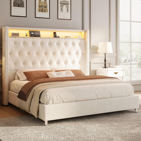 Jocisland King Size Bed Frame 53.6'' Tall Storage Headboard with LED Lights & Charging Station, Velvet Upholstered Button Tufted Wingback Platform Beds, No Box Spring Needed, USB Ports, Cream Jocisland