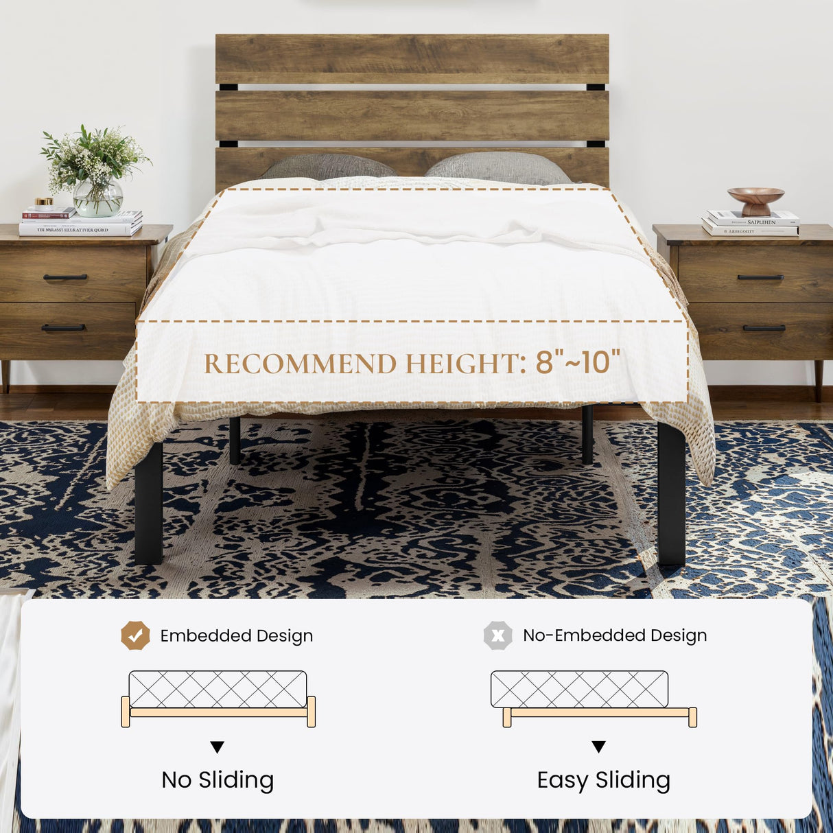 SHA CERLIN Twin Size Bed Frame with Rustic Wooden Headboard,3 Boards Design, Heavy Duty Metal Slats Support Platform, No Box Spring Needed, Light Brown SHA CERLIN