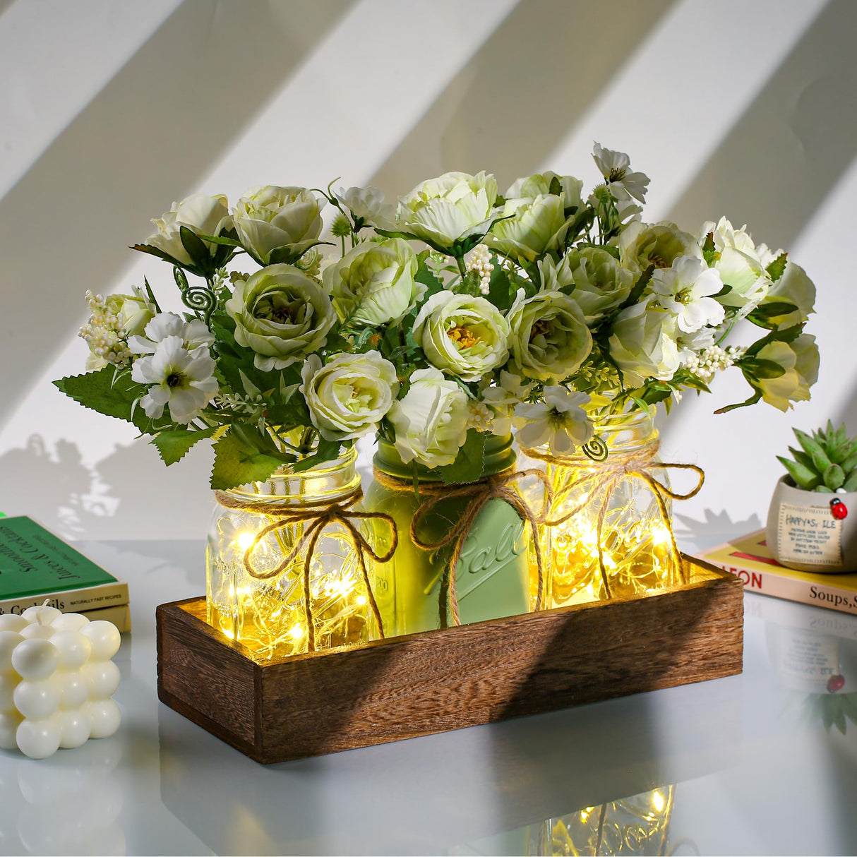 DUOER 3 Pcs Mason Jar Centerpiece Table Decorations for Dining Farmhouse Coffee Table Decor with Wood Tray and Led Light Table Centerpieces for Dining room Kitchen Living Bathroom,Green DUOER