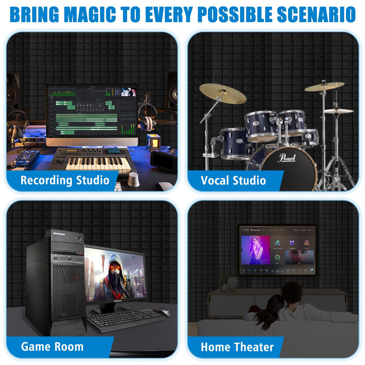 4 Pack Acoustic Panels, 48 x 24 x 2" Sound Proof Foam High Density Studio Wedge Tiles Fire Resistant Acoustic Panels for Home,Office, Recording Room, Studio (Black-4 Pack) shipxinfuren