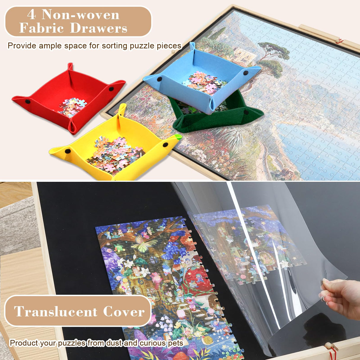 Tilting & Rotating Puzzle Board 1500 Pieces, Vertical & Horizontal Wooden Jigsaw Puzzle Table with Drawers & Protective Cover, 34"×25" Puzzle Board with Lazy Susan for Adults & Kids, Gift for Mum YGJT