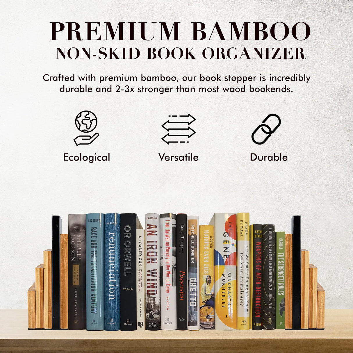 JUSK Design Bamboo Book End/Book Organizer - Non-Skid Decorative Bookends for Office and Home - Book Holders for Shelves - Substantial Weight - Holds Heavy Books JUSK