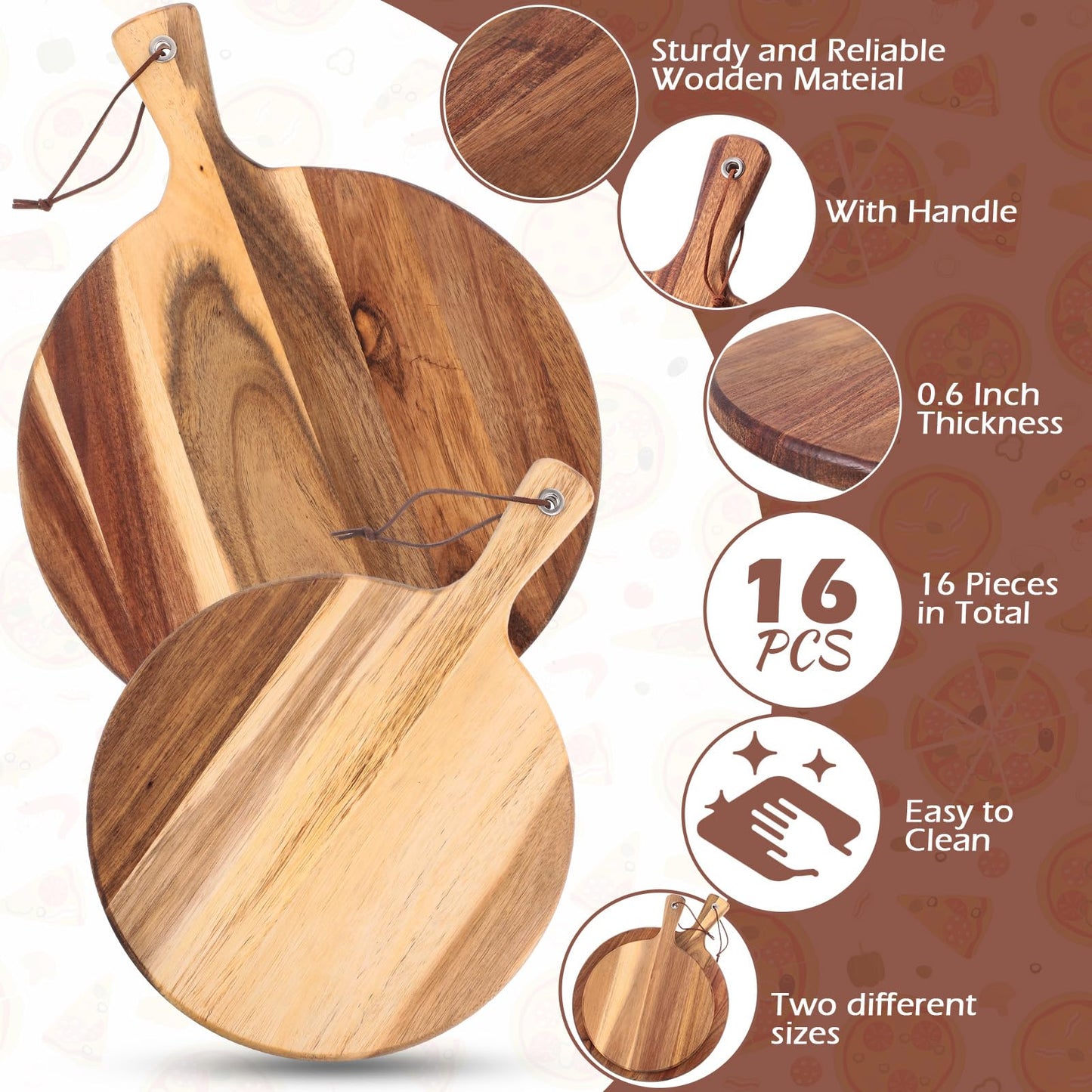 Roshtia 16 Pack Acacia Wood Cutting Board with Handle Thick Round Charcuterie Boards 2 Size Acacia Chopping Boards for Serving Cheese Pizza Bread Platter Baking Wooden Wall Carving Decor - WoodArtSupply