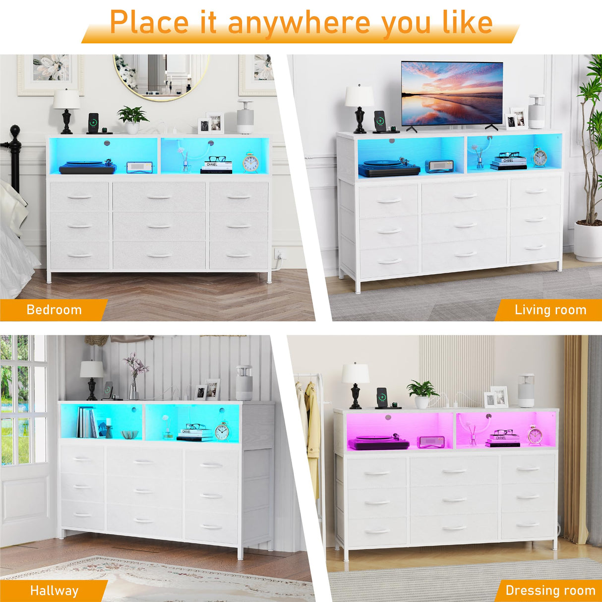 eiskah White Dresser for Bedroom, 9 Drawers Led Dresser TV Stand with Power Outlets and LED Lights, Long Fabric Dressers Wide Chest of Drawers with Large Organizer for Living Room, Entryway, Hallway eiskah