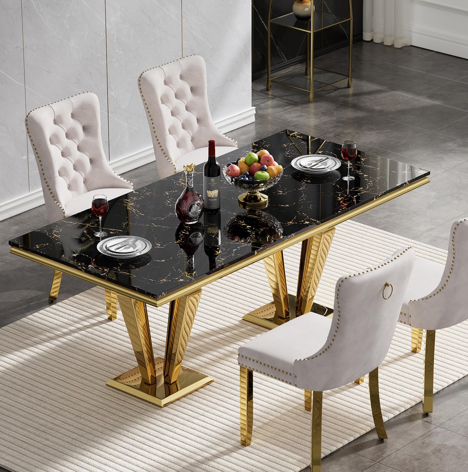 70'' Marble Dining Table,Luxury Rectangular Kitchen Dining Room Table,Dining Table for 4-8 People with Gold U-Shape Stainless Steel Base for Dining Room, Kitchen (Black & Gold-4) - WoodArtSupply