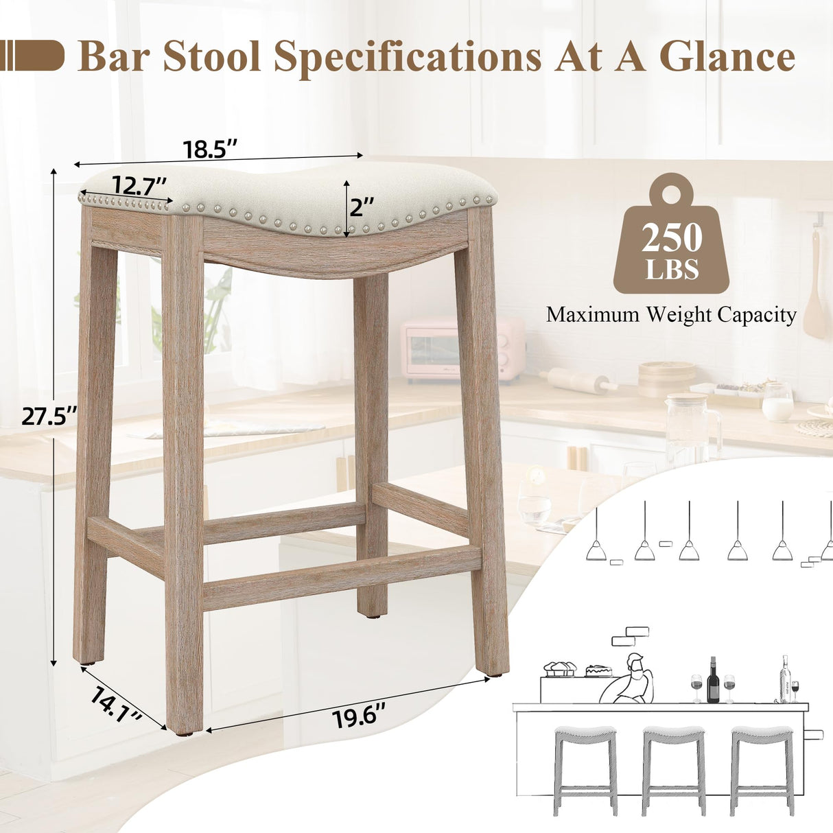 ABET Bar Stools Counter Height Chair Set of 3, 27" Backless Farmhouse Barstools with Wood Leg & Built-in Footrest, Nailhead Saddle Seat, Upholstered Linen Kitchen Island Chairs, Beige ABET