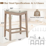 ABET Bar Stools Counter Height Chair Set of 4, 27" Backless Farmhouse Barstools with Wood Leg & Built-in Footrest, Nailhead Saddle Seat, Upholstered Linen Kitchen Island Chairs, Beige ABET