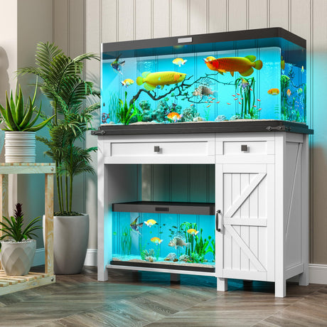 kepptory 40 Gallon Fish Tank Stand with Power Outlets, Farmhouse Decorative Aquarium Stand Furniture with Adjustable Shelves and Drawer, Reptile Turtle Tank Stand with Cabinet Storage (White, 30-40GL) kepptory