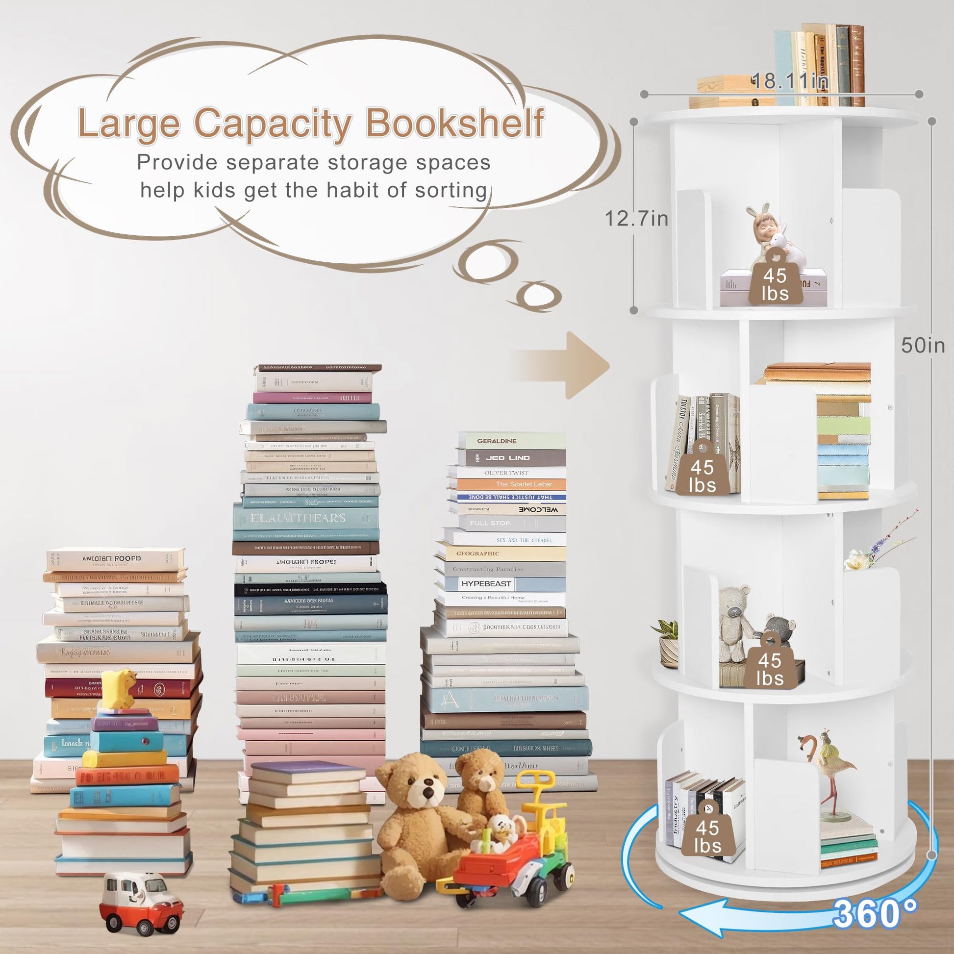 JOLIE VALLÉE TOYS & HOME 4-Tier Rotating White Bookshelf - Space-Saving Floor Stand Bookcase for Small Rooms - WoodArtSupply