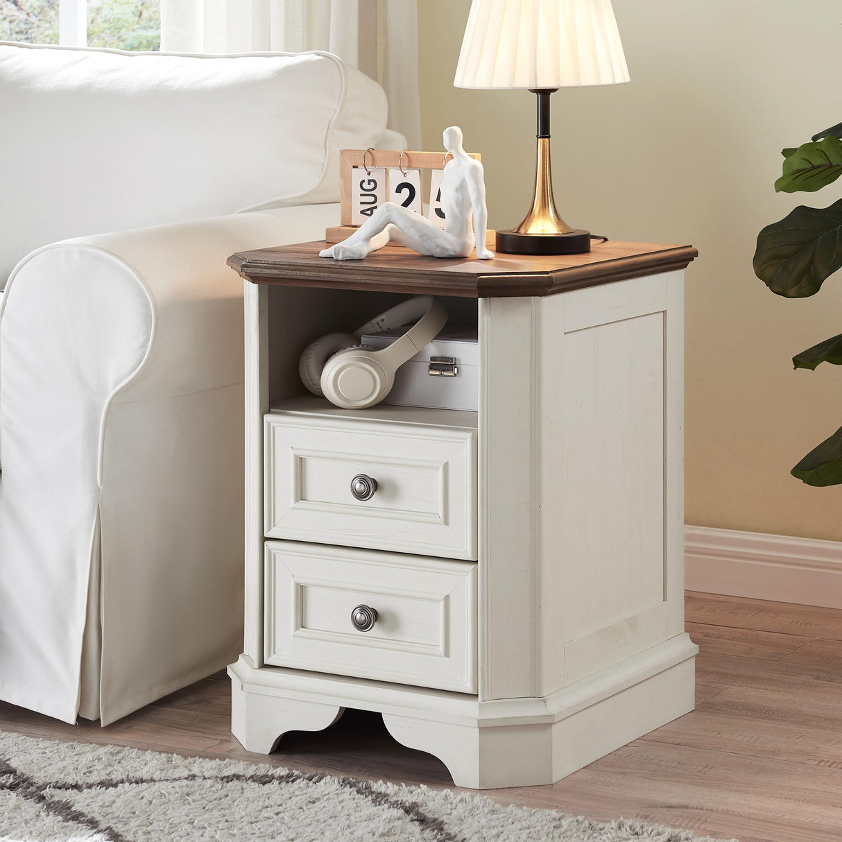 T4TREAM Farmhouse Nightstand with Charging Station, 18" End Table with 2 Drawers, Wood Side Table, Bedside Cabinet for Bedroom, Living Room (Antique White) T4TREAM
