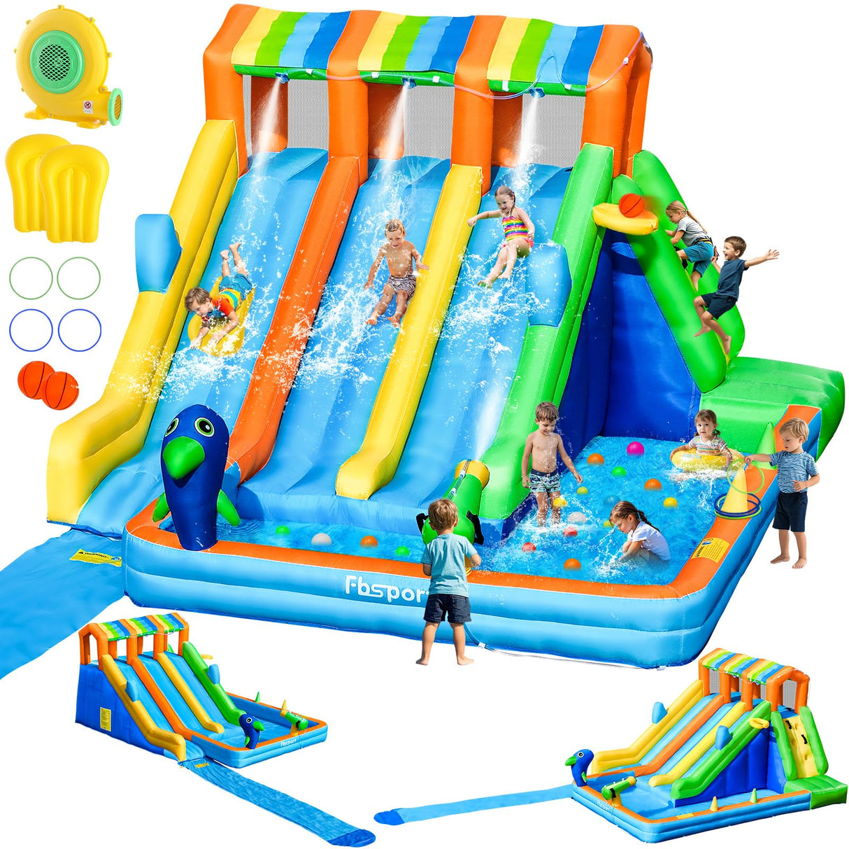 FBSPORT Inflatable Water Bounce House, Large Bounce Castle with 3 Slide for Kids, Inflatable Water Slide with Splash Pool, Climbing, Toss Rings, Basketball Hoop, Bouncy House for Outdoor Indoor FBSPORT