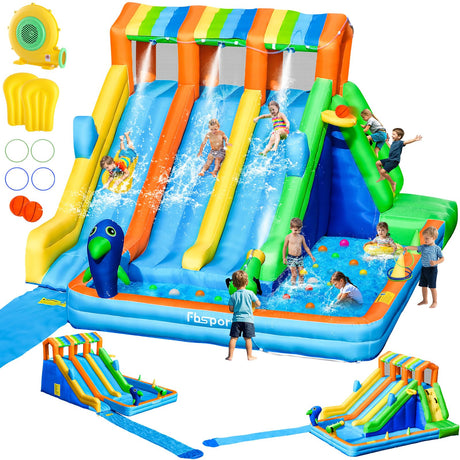 FBSPORT Inflatable Water Bounce House, Large Bounce Castle with 3 Slide for Kids, Inflatable Water Slide with Splash Pool, Climbing, Toss Rings, Basketball Hoop, Bouncy House for Outdoor Indoor FBSPORT