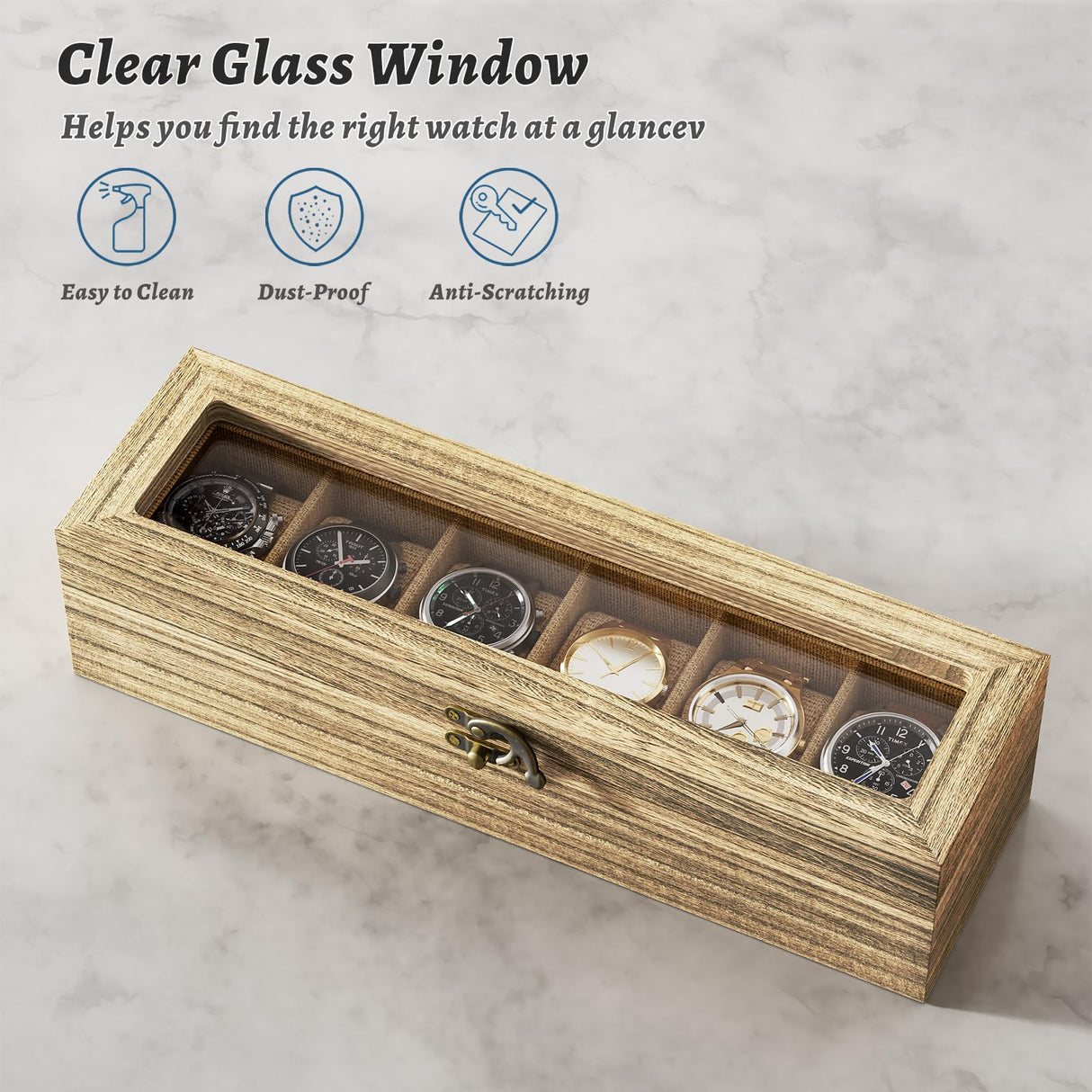 SRIWATANA Watch Box Case Organizer Display for Men Women, 6 Slot Wood Box with Glass Top, Gift for Loved Ones, Carbonized Black SRIWATANA