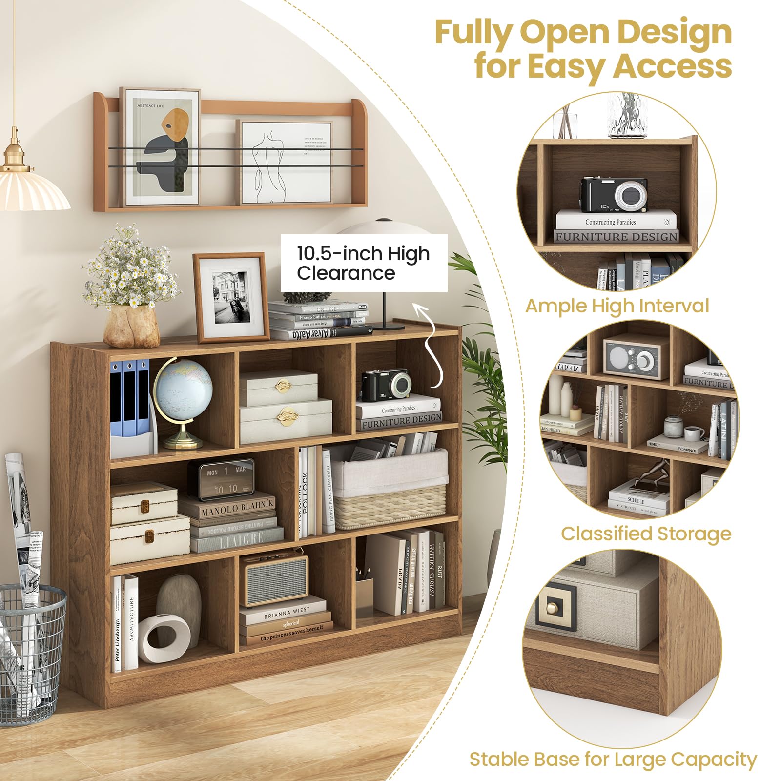 Tangkula Natural 8-Cube Wood Bookcase - Modern 3-Tier Open Storage Shelf for Stylish Organisation - WoodArtSupply